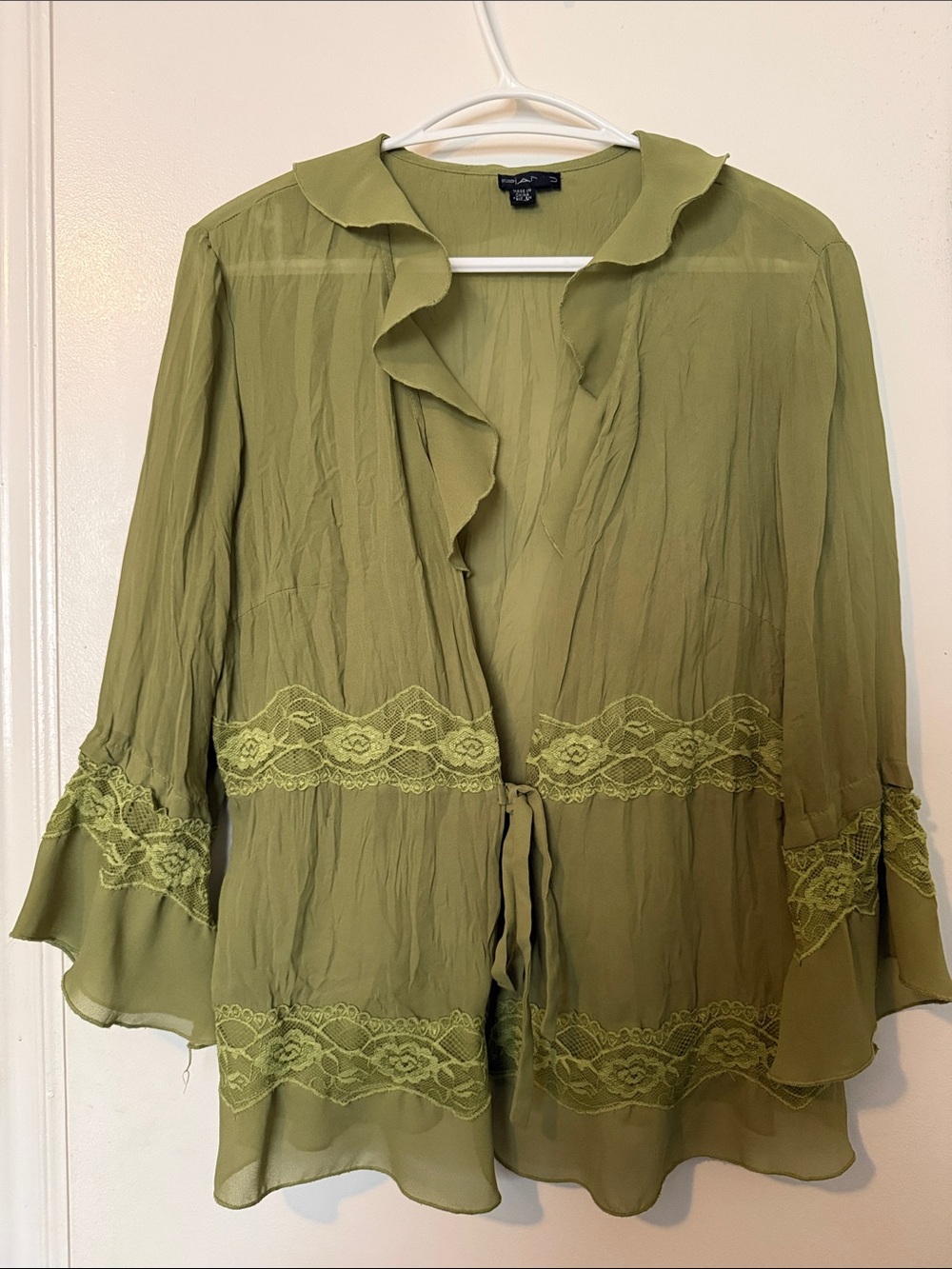 Olive Green Ruffle Lace-Trim Blouse